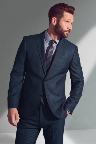 Blue Textured Tailored Fit Suit: Jacket